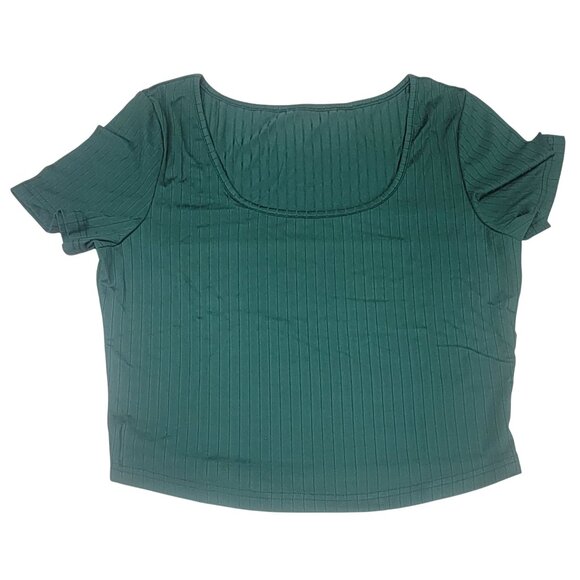 Shirt Short Set Ultra Soft Ribbed Hunter Green Crop Top Short Sleeve Womens L - Picture 2 of 10